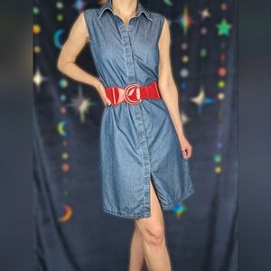 Vintage Chambray Denim Shirtdress | Sleeveless Blue Cotton Collared Shift Dress